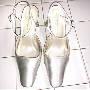 Michaellangelo white ankle strap satin low heel